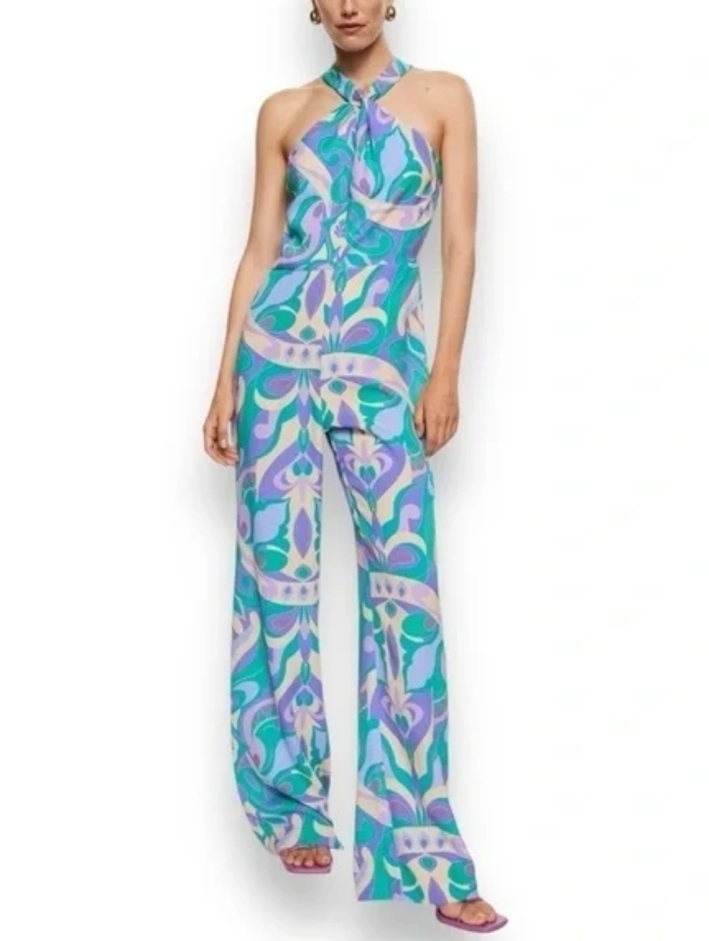 Mango Multicolor Halter Wide-Leg Jumpsuit in Aqua, Teal & Lavender